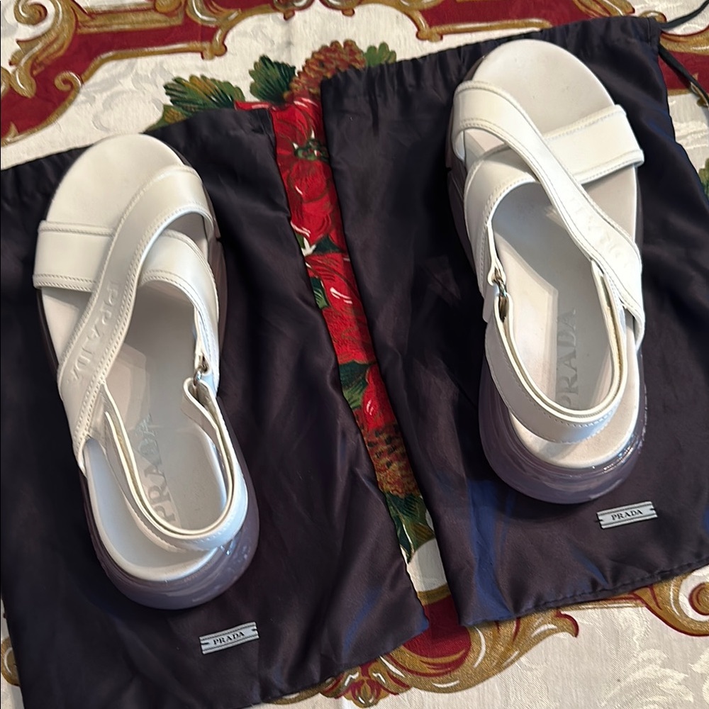 Prada White Leather Platform Sandals